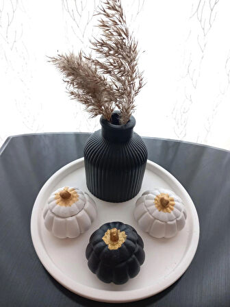 Tabakta 3'lü Mini Balkabağı Vazo Dekoratif Beyaz Siyah Set