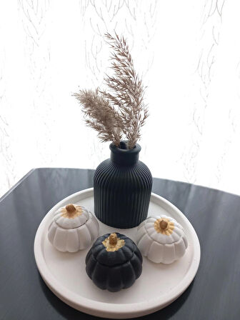 Tabakta 3'lü Mini Balkabağı Vazo Dekoratif Beyaz Siyah Set