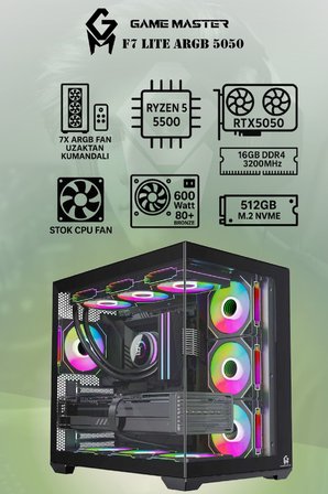 Game Master F7 Lite ARGB RTX5050 Ryzen 5 5500 CPU 16GB DDR4 RAM 512GB M.2 SSD RTX5050 7x ARGB Fanlı Gaming PC