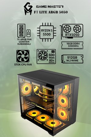 Game Master F7 Lite ARGB RTX5050 Ryzen 5 5500 CPU 16GB DDR4 RAM 512GB M.2 SSD RTX5050 7x ARGB Fanlı Gaming PC