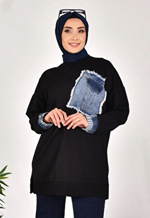 CYLN10566 PUANE İKİ İPLİK KUMAŞ KOT KUMAŞ GARNİLİ SWEATSHIRT