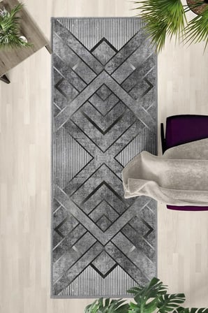 Ahle Gri Ehl-05 Modern Dijital Baskı Yıkanabilir Kaymaz Yolluk Halı Gri
