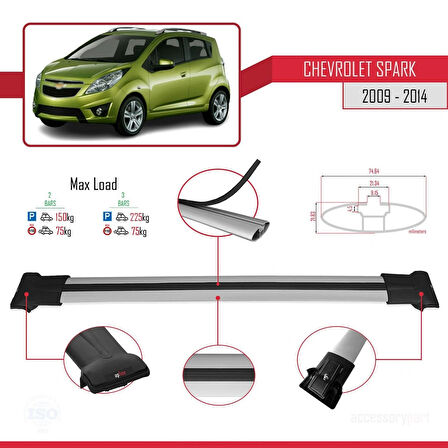 Chevrolet Spark (M300) 2009-2014 Arası ile Uyumlu FLY Model Ara Atkı Tavan Barı Gri 2 Adet