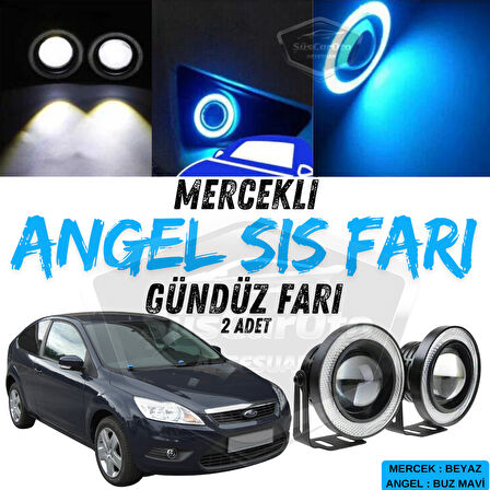 Ford Focus 2.5 2009-2011 Uyumlu Üniversal Mercekli Angel Sis Farı Metal Su Geçirmez 76 mm Buz Mavi Halkalı Gündüz Farı Angel Eyes 2 Adet