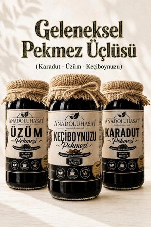 Geleneksel Pekmez Üçlüsü – Karadut, Üzüm ve Keçiboynuzu Pekmezi 3 x 480 Ml