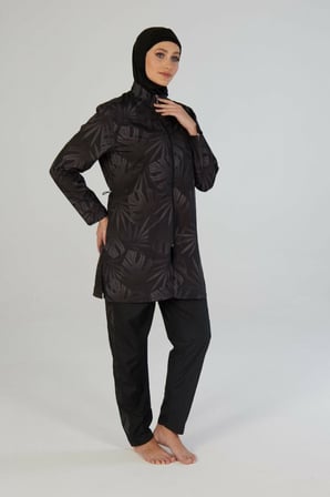 Estiva 26964 Siyah Tropical Tam Kapalı Taş Baskılı Pantolonlu Fermuarlı Tesettür Mayo