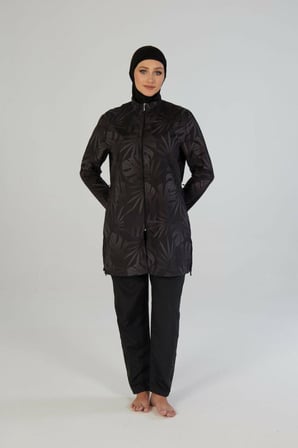 Estiva 26964 Siyah Tropical Tam Kapalı Taş Baskılı Pantolonlu Fermuarlı Tesettür Mayo