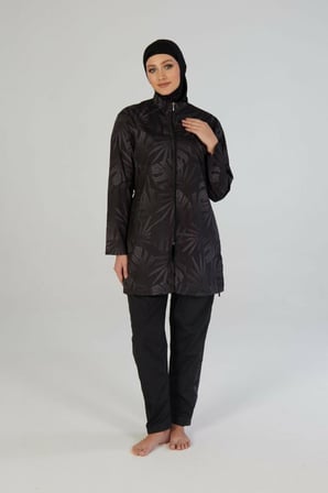 Estiva 26964 Siyah Tropical Tam Kapalı Taş Baskılı Pantolonlu Fermuarlı Tesettür Mayo