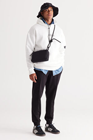 Erkek Beyaz Oversize Fit Bol Kesim Kapüşonlu Içi Polarlı 3 Iplik Pamuklu Sweatshirt