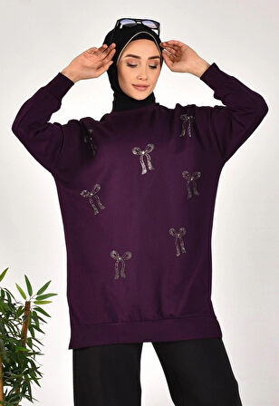 CYLN10593 PUANE İKİ İPLİK KUMAŞ TAŞ BASKILI SWEATSHIRT