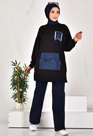 CYLN10560 PUANE İKİ İPLİK KUMAŞ KOT KANGURU CEPLİ SWEATSHIRT