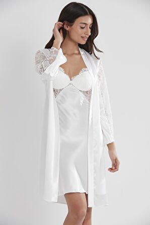 Kadın Saten Dantelli Gecelik & Sabahlık Takım - 4025 Ekru