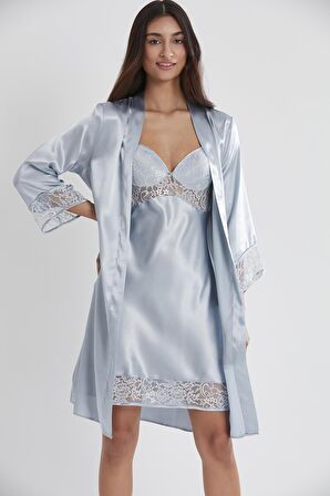 Kadın Saten Dantelli Gecelik & Sabahlık Takım - 4075