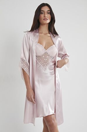 Saten Dantelli Gecelik & Sabahlık Takım  - 4240