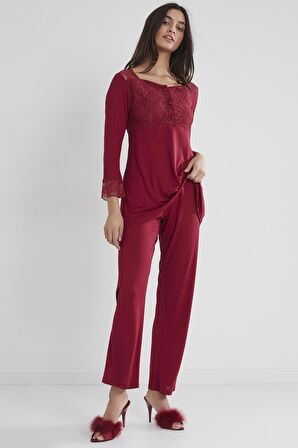 Kadın Penye Dantelli Pijama Takımı - 1241 Bordo