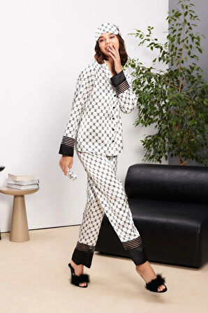 Saten Biyeli Kadın Pijama Takımı - 1300 Siyah