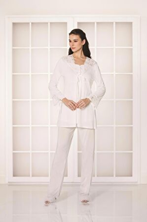 Kadın Güpürlü Penye 3'lü Pijama Takım - 3050