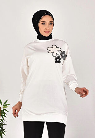 CYLN10568 PUANE İKİ İPLİK KUMAŞ ÇİÇEK BASKILI SWEATSHIRT