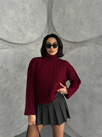 Explode - Kadın Bordo Örgülü Balıkçı Yaka Oversize Triko Kazak