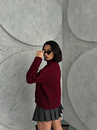 Explode - Kadın Bordo Örgülü Balıkçı Yaka Oversize Triko Kazak