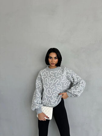 Explode - Kadın Gri Beyaz Desenli Balon Kol Oversize Triko Kazak