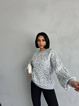 Explode - Kadın Gri Beyaz Desenli Balon Kol Oversize Triko Kazak