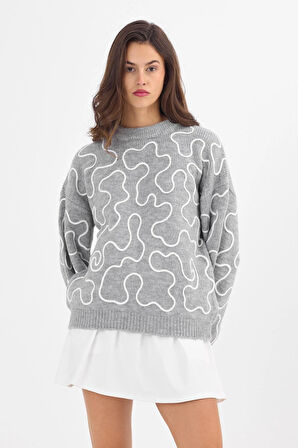 Explode - Kadın Gri Beyaz Desenli Balon Kol Oversize Triko Kazak