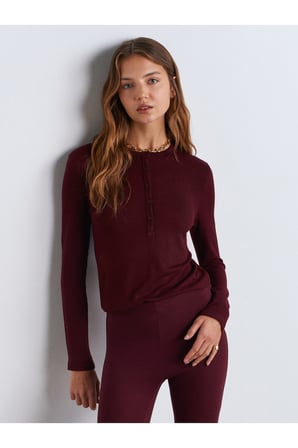 31544 Düğmeli Uzun Kollu Top-Bordo