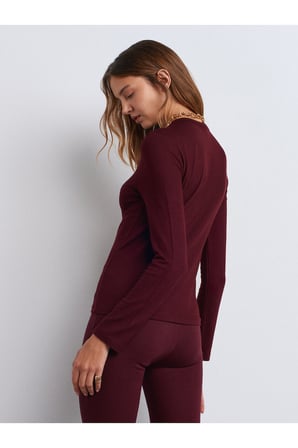 31544 Düğmeli Uzun Kollu Top-Bordo
