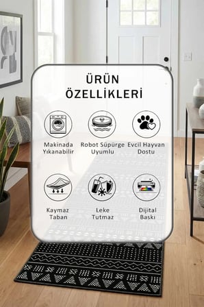 Sümer Siyah Beyaz Salon Mutfak Yatak Odası Dijital Baskı Yolluk Halı Beyaz Siyah