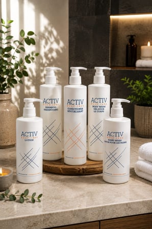 ACTIV Body Care 5'li Otel Banyo Bakım Seti 360 ml x 5 – Şampuan, Saç Kremi, Duş Jeli, El Sabunu ve Vücut Losyonu