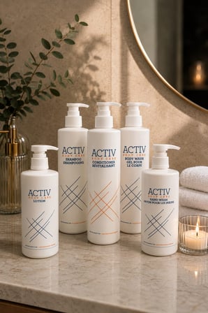 ACTIV Body Care 5'li Otel Banyo Bakım Seti 360 ml x 5 – Şampuan, Saç Kremi, Duş Jeli, El Sabunu ve Vücut Losyonu