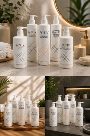 ACTIV Body Care 5'li Otel Banyo Bakım Seti 360 ml x 5 – Şampuan, Saç Kremi, Duş Jeli, El Sabunu ve Vücut Losyonu