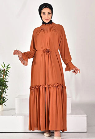 CYLN12521 PUANE ŞİFON KUMAŞ KOL DETAYLI TESETTÜR ELBİSE