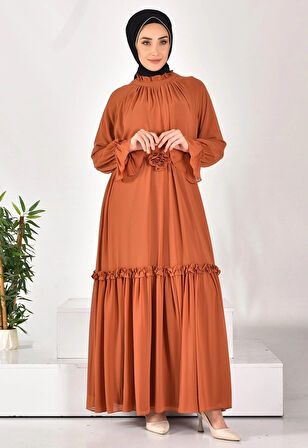 CYLN12521 PUANE ŞİFON KUMAŞ KOL DETAYLI TESETTÜR ELBİSE