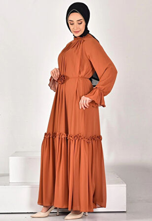 CYLN12521 PUANE ŞİFON KUMAŞ KOL DETAYLI TESETTÜR ELBİSE