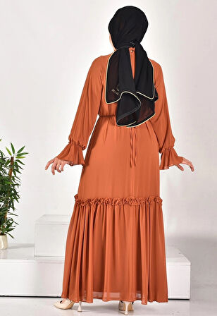 CYLN12521 PUANE ŞİFON KUMAŞ KOL DETAYLI TESETTÜR ELBİSE