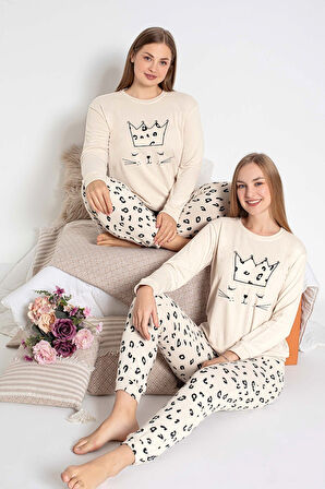 Kadın Bisiklet Yaka Düğmesiz Kışlık Termal Bilek Manşetli Jogger Uzun Kol Cepli Pijama Takımı