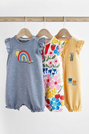 Next Baby % 100 Pamuklu Mavi Sarı Gökkuşağı Desenli 3’lü Romper Set