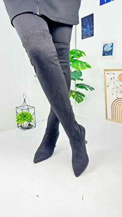 Günlük Kadın Çizme Süet İnce Yüksek Topuklu Sivri Burunlu Diz Üstü Bağcıklı Fermuarlı 174