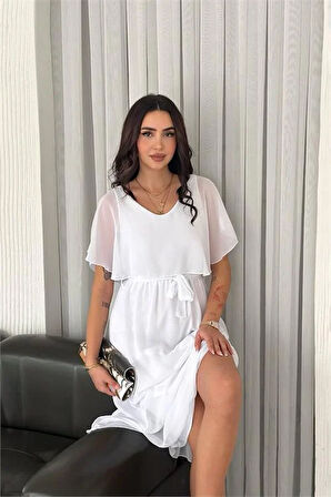 Dipmoda kadın kuşaklı midi boy şifon elbise DPK4116