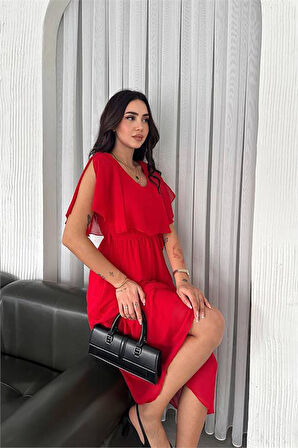 Dipmoda kadın kuşaklı midi boy şifon elbise DPK4116