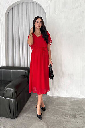 Dipmoda kadın kuşaklı midi boy şifon elbise DPK4116