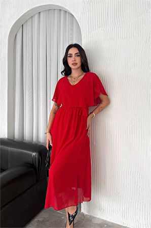 Dipmoda kadın kuşaklı midi boy şifon elbise DPK4116