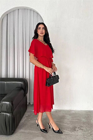Dipmoda kadın kuşaklı midi boy şifon elbise DPK4116