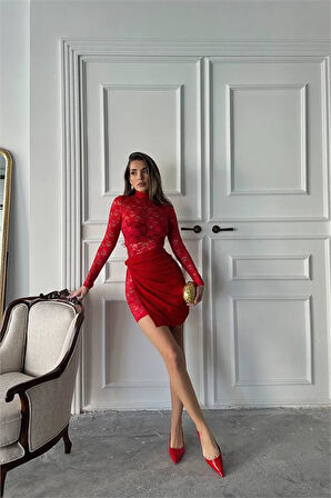 Dipmoda kadın kırmızı mini dantel elbise DPDF016