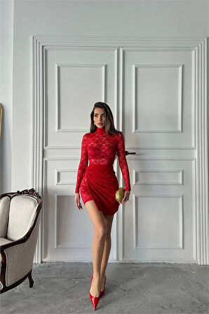 Dipmoda kadın kırmızı mini dantel elbise DPDF016