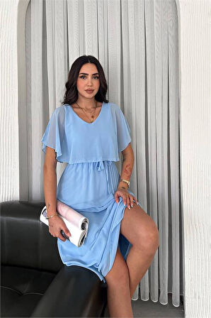 Dipmoda kadın kuşaklı midi boy şifon elbise DPK4116