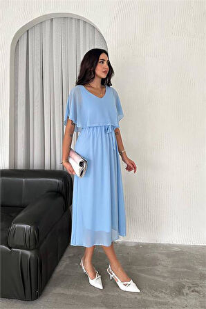 Dipmoda kadın kuşaklı midi boy şifon elbise DPK4116
