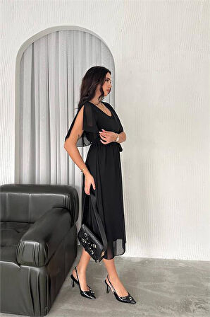 Dipmoda kadın kuşaklı midi boy şifon elbise DPK4116